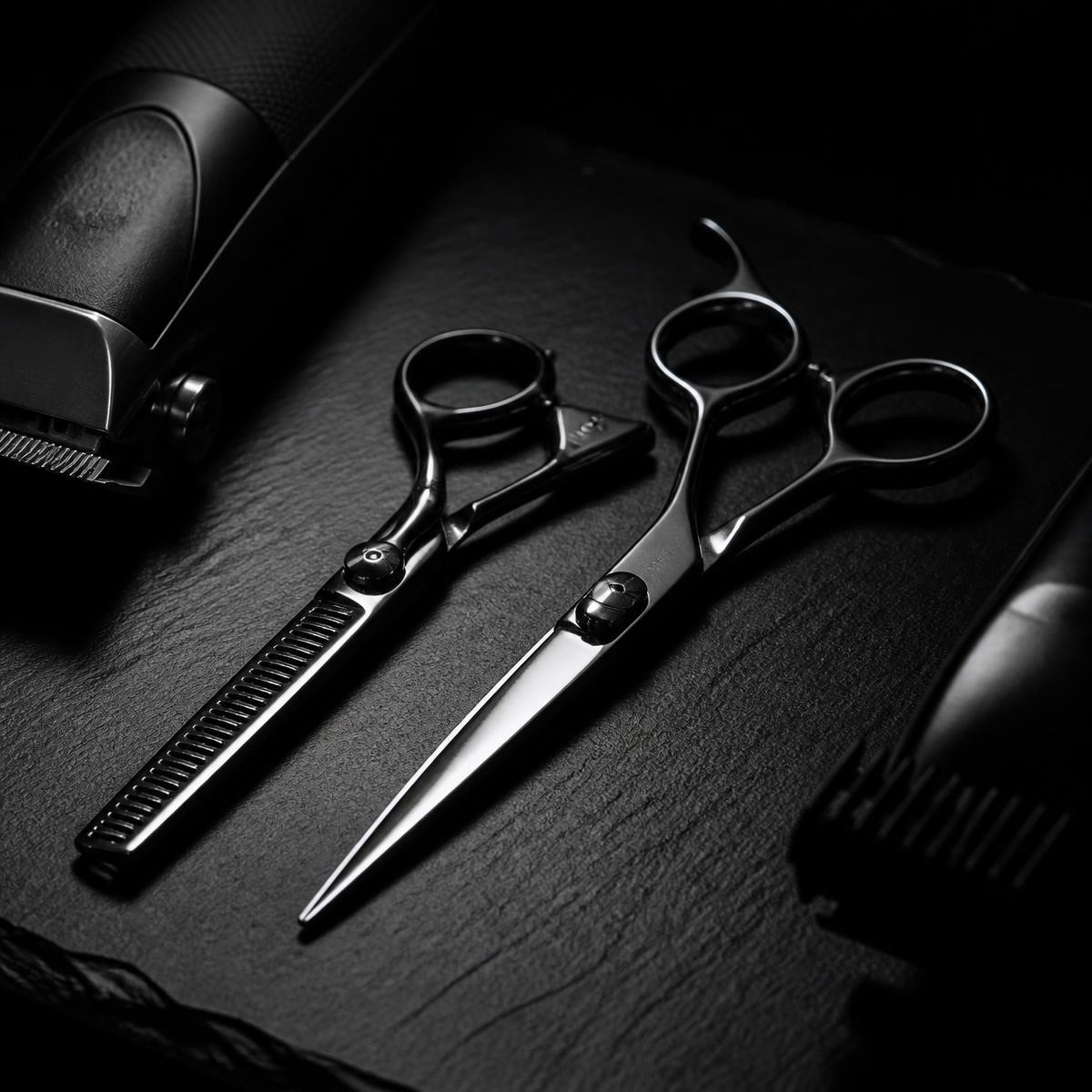 Professional grooming scissors and clippers on dark slate